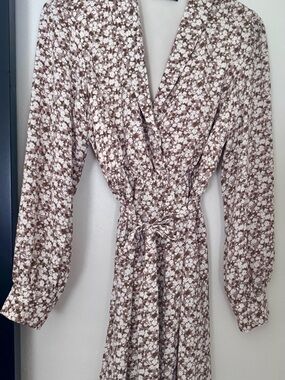 Kittenish Floral Wrap Dress Small Brown Cream Tie Waist Long Sleeve Mini